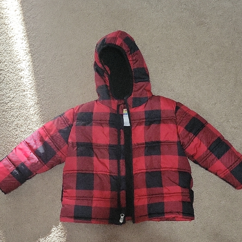 Red and Black Plaid Kids Puffer Jacket